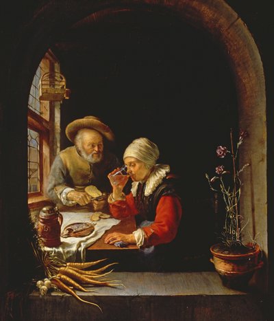 食べる老夫婦（パネル） 作： Frans van Mieris